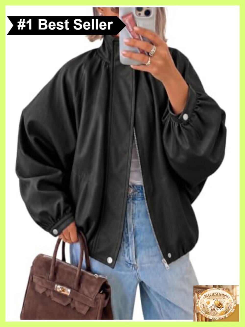 Faux Leather Bomber Jacket Long Sleeve Zip Fall Coat